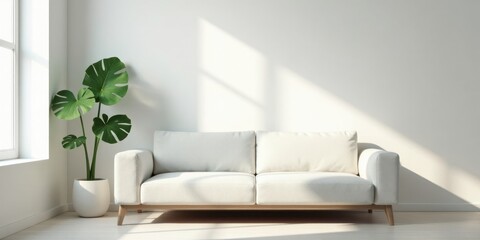 Bright Sunlight Illuminates a Minimalist Living Room Featuring a Modern Off-White Sofa and a Lush Green Plant in a Simple White Pot