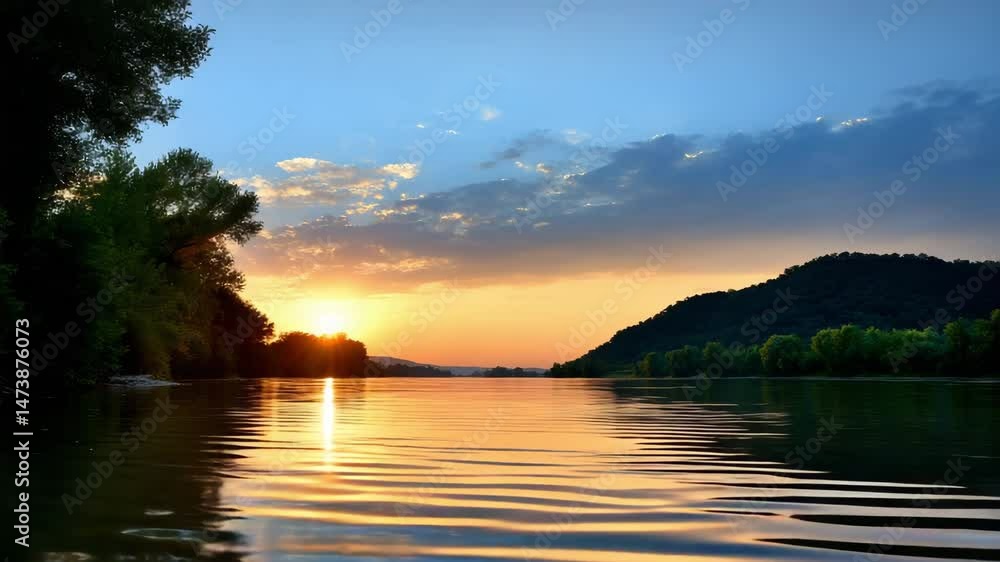 Poster sunset over river with water reflection of trees and hills creating peaceful scene