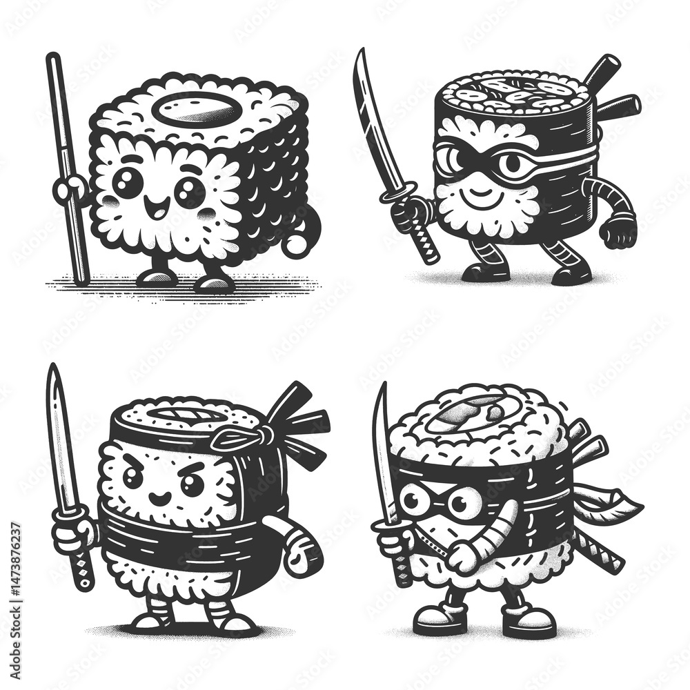 Poster cute sushi characters warriors and ninjas, armed with swords and chopsticks set collection bundle sk