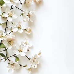 Delicate spring blossoms arranged on a white background.  Soft, pastel colored flowers and branches