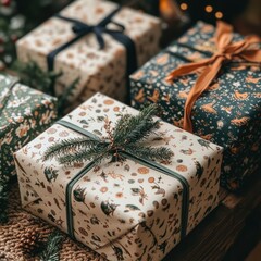 Festive gift wrapping.  Nature-inspired designs, tied with ribbons