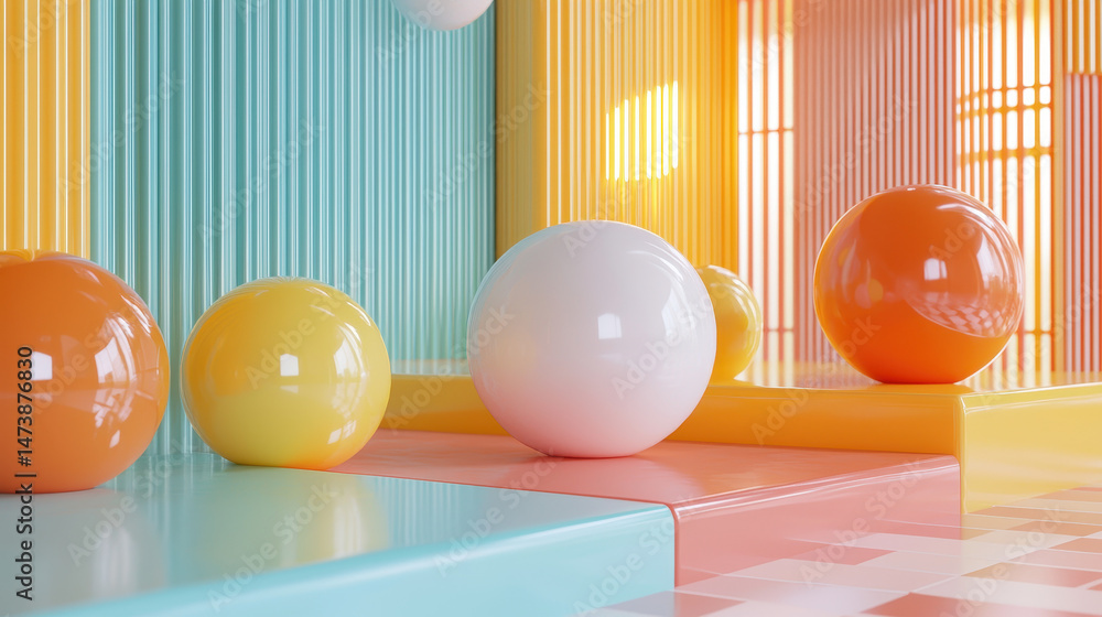 Poster expressive 3d aesthetic background shows realistic rende of colorful spheres with soft lighting in 4