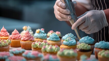 A baker delicately decorating freshly baked cupcakes