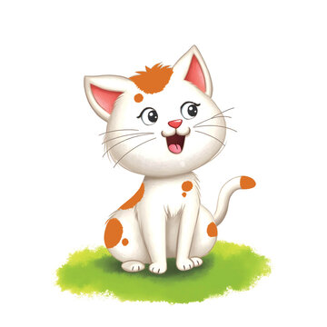 Illustration of a Cute White Cat Sitting Happily on Grass