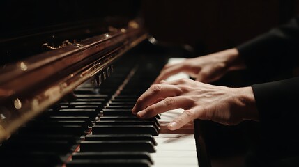 Obraz premium The hands of a pianist playing the piano in a dimly lit room