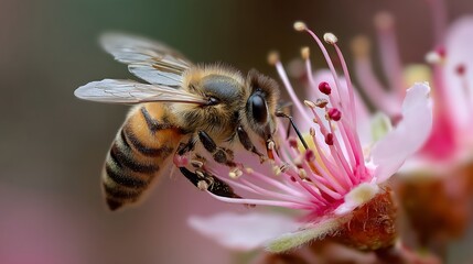 Honeybee gathering pollen on a delicate pink blossom