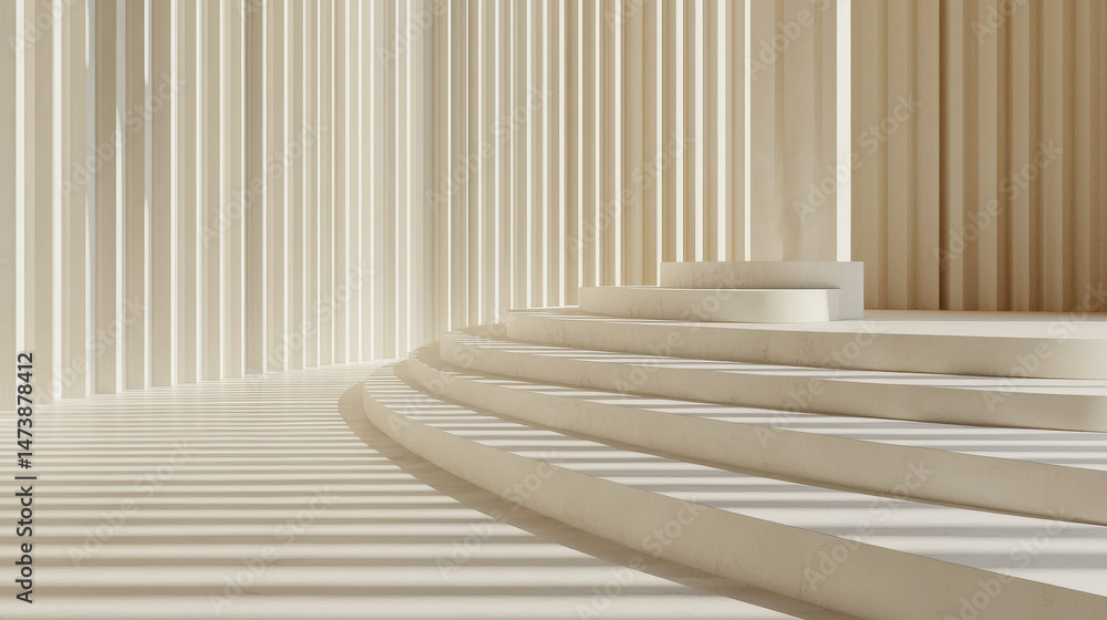 Poster elegant minimalist 3d background with a realistic stone staircase and vertical panels illuminated by