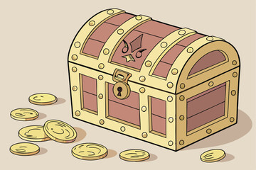 99 Intricate wooden treasure chest, ornately decorated with brass hardware, gold coins scattered around, highly detailed fantasy elements, beautiful lighting, award-winning digital art