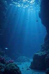 Obraz premium Sunbeams Illuminate Underwater Canyon's Sandy Floor, Fish Swim Amidst Coral and Rocks