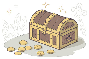 99 Intricate wooden treasure chest, ornately decorated with brass hardware, gold coins scattered around, highly detailed fantasy elements, beautiful lighting, award-winning digital art