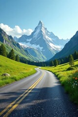 Naklejka premium A scenic winding road leads to a majestic snow-capped peak, surrounded by lush green meadows and vibrant wildflowers under a clear blue sky.