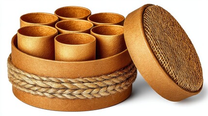 Gold Textured Cylindrical Box with Jute Rope and Small Cups