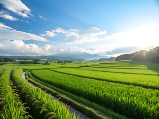 A lush rice paddy field with neat, under a bright, sunny sky, green rows stretching into the horizon. A field of rice is shown with a path running through.