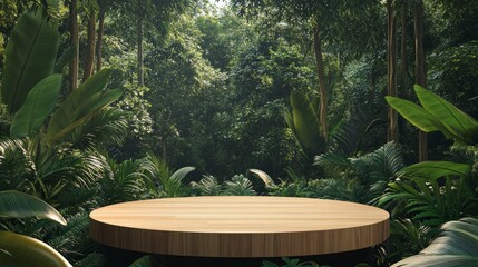 Fototapeta premium Circular Wooden Platform in Lush Tropical Jungle, 3D Render, Mockup, Product Display Jungle, Mockup