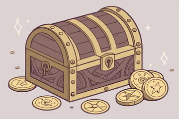 99 Intricate wooden treasure chest, ornately decorated with brass hardware, gold coins scattered around, highly detailed fantasy elements, beautiful lighting, award-winning digital art