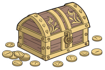 99 Intricate wooden treasure chest, ornately decorated with brass hardware, gold coins scattered around, highly detailed fantasy elements, beautiful lighting, award-winning digital art