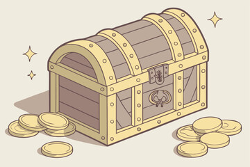 99 Intricate wooden treasure chest, ornately decorated with brass hardware, gold coins scattered around, highly detailed fantasy elements, beautiful lighting, award-winning digital art