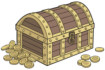 99 Intricate wooden treasure chest, ornately decorated with brass hardware, gold coins scattered around, highly detailed fantasy elements, beautiful lighting, award-winning digital art