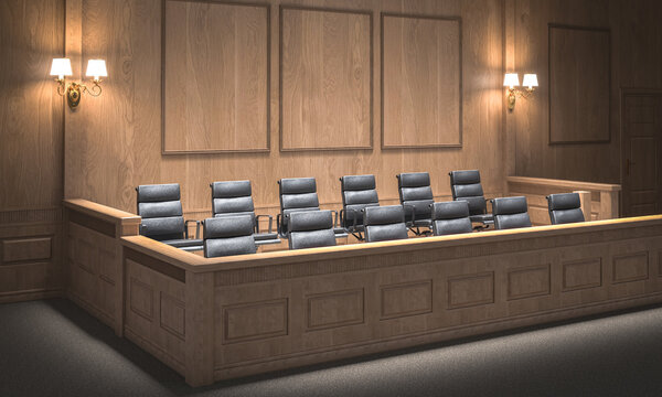 Courtroom with empty jury box illuminated by wall lamps 3d