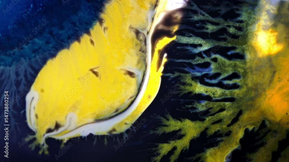 Poster a swirl of vibrant ink blending in water, captured in macro, forming mesmerizing patterns