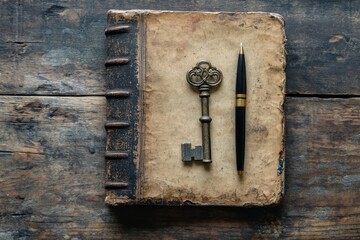 Antique key and pen on aged book