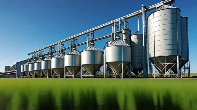Large Industrial Grain Silos and Storage Tanks in a Row on a Sunny Day with Green Field and Clear Blue Sky in Agricultural Area

