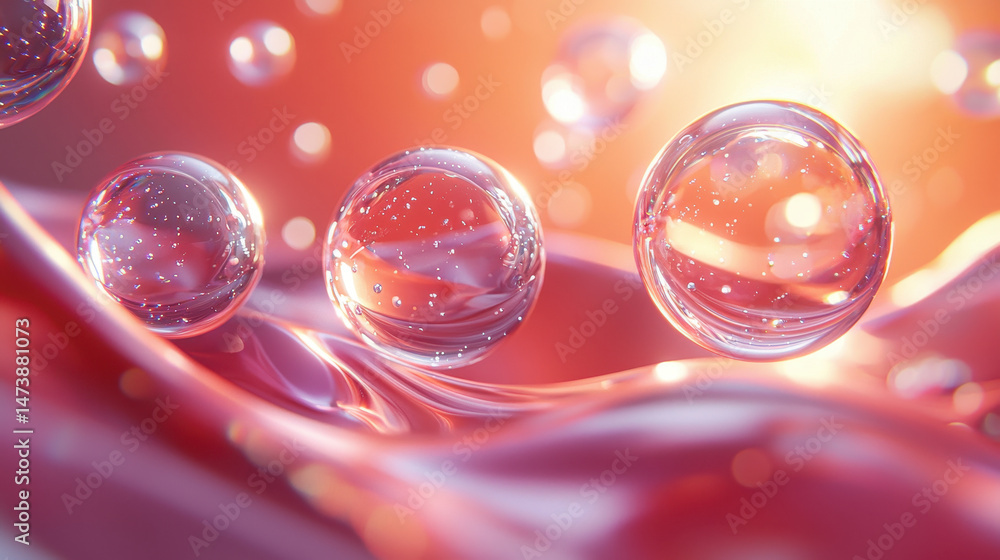 Poster Abstract 4K dynamic composition with realistic 3D render showing floating spheres on a vibrant and fluid surface, viewed from the side with bokeh effects.