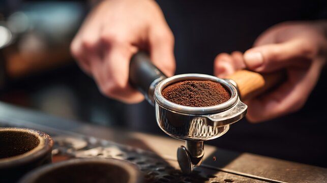 Close up of a barista filling a portafilter with coffee grounds 