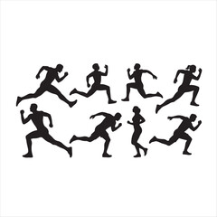 Vector silhouettes of running sport people in action illustrate a fitness competition