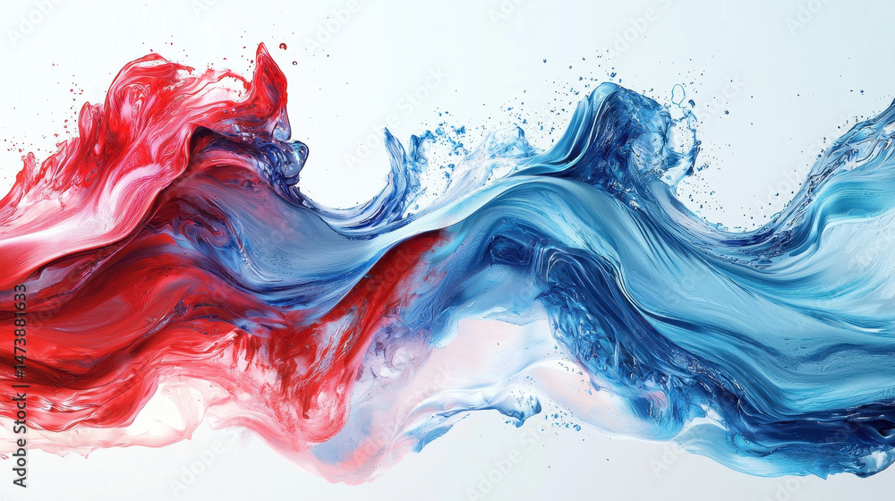 Poster dynamic 3d art in stunning 4k displays realistic red and blue waves merging from a side angle perspe