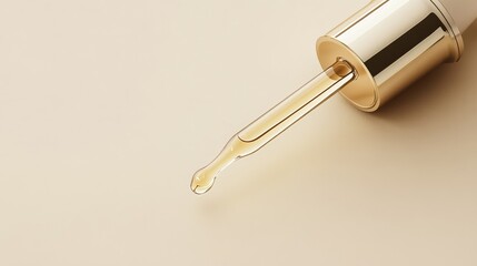 Golden Serum Dropper Bottle Close-up Product Shot, Minimalist Beige Background, Skincare Concept. serum, skincare