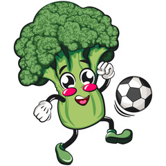 Cute broccoli vegatable vektor illustration mascot character playing football or soccer, work of hand drawn