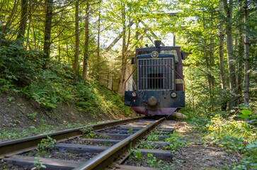 Carpathian mountain tram. Steam locomotive on a narrow-gauge railway. Old transport in the forest...