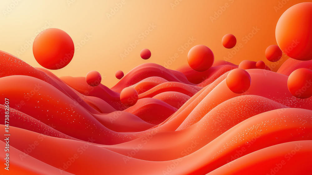Poster a simplistic 3d background in 4k shows realistic orange spheres floating above fluid shapes with sid