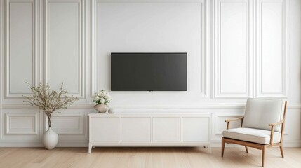Minimalist Living Room Mockup TV, White Cabinet, Chair, Light Wood Floor, White Walls Minimalist, Mockup