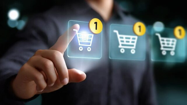 A person interacting with digital shopping cart icons on a modern interface.