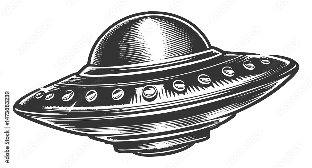 Poster ufo flying saucer blending retro sci-fi with a mysterious extraterrestrial theme sketch engraving ge