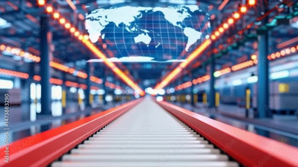 Poster a modern industrial space with conveyor belts and high-tech screens displaying global maps and data.