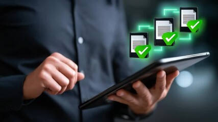 A person using a tablet to manage tasks with checkmarks indicating completion.