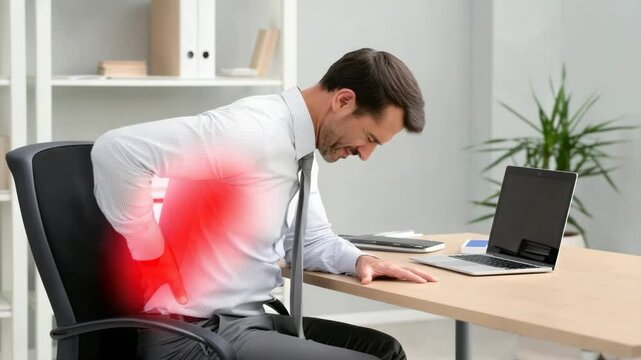 Businessman in office chair experiencing lower back pain while working at a desk, indicated by red highlight.