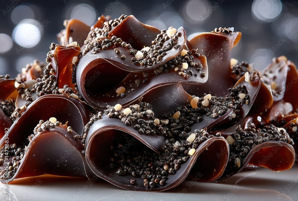 Poster close-up of delicious chocolate dessert with textured layering and decorative seeds on a gleaming su