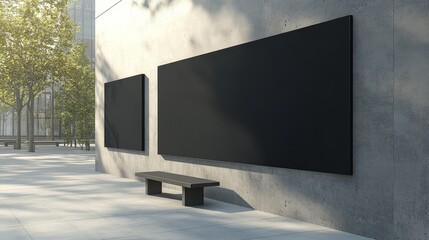 Fototapeta premium Modern Outdoor Billboard Mockup Two Black Blank Panels on Concrete Wall, Bench, Urban Setting, Advertising, Signage Billboard Mockup, Outdoor Advertising