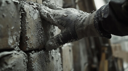 Construction Worker Applying Mortar to Bricks