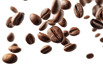 Obraz premium Scattered roasted coffee beans isolated on white background, detailed and crisp.