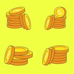 Cartoon Gold Coins Stack Set, Colorful set of four cartoon style illustrations featuring stacks of shiny gold coins with the letter "S" on a bright yellow background