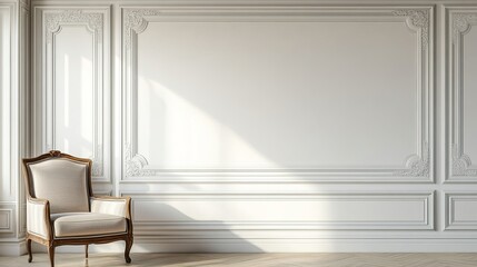 Sunlit Classic Armchair in Ornate White Room, Interior Design, 3D Render, Wall Paneling Keywords Boiserie, Rococo