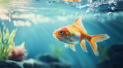 Naklejka premium Sunlit Goldfish in Aquarium Underwater Composition, Vivid Colors, Peaceful Concept, Goldfish, Aquarium Fish Goldfish, Aquatic Life
