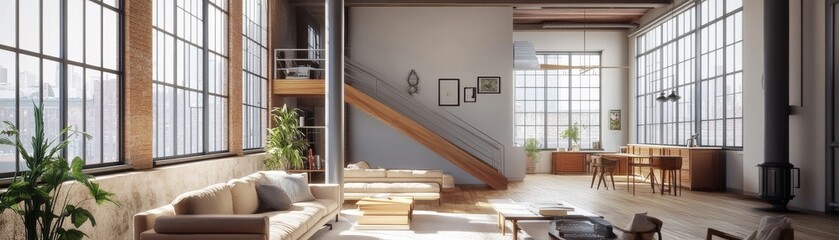 Fototapeta premium Sunlit Loft Apartment Industrial Design, Beige Sofa, Wooden Staircase, Large Windows, 3D Render, Interior Design Loft apartment, Interior Design