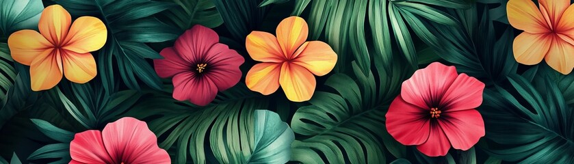 Tropical Floral Composition Vibrant Hibiscus and Palm Leaves, Digital Art, Nature, Botany Tropical Flowers, Botanical Art