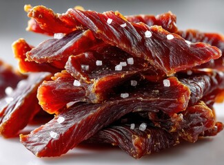 Close-up of Delicious Jerky Sticks Garnished with Sea Salt on a Clean Background Ideal for Food Photography and Gourmet Snack Promotions